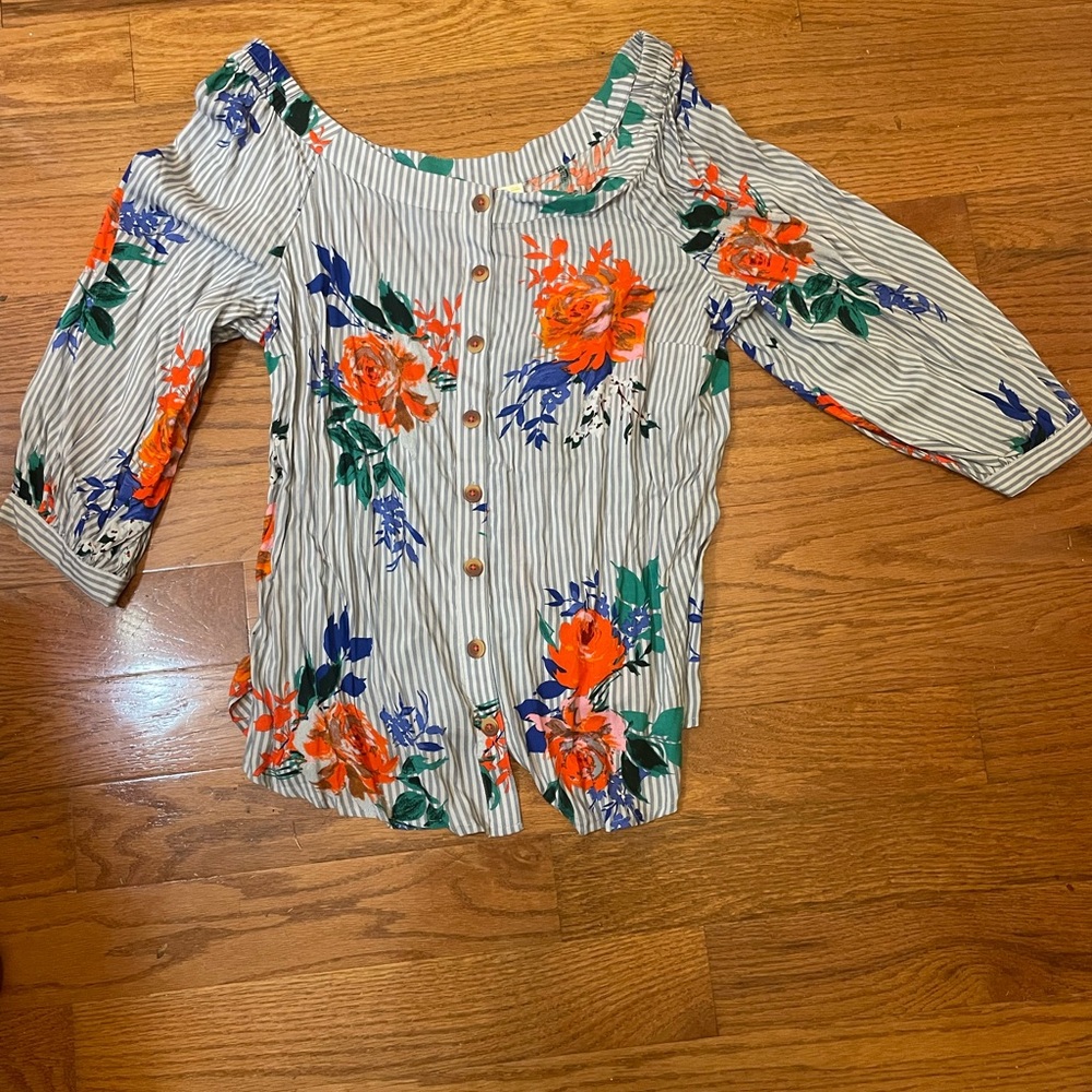 Anthropologie blue and White off the shoulder Blouse